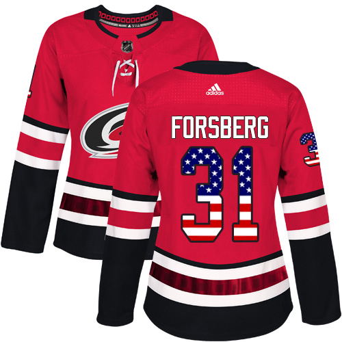 Adidas Hurricanes #31 Anton Forsberg Red Home Authentic USA Flag Women's Stitched NHL Jersey